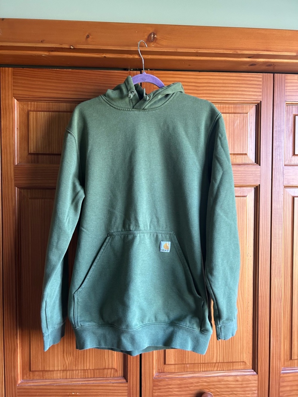 Carhartt Olive Green Hoodie with Yellow Logo Patch